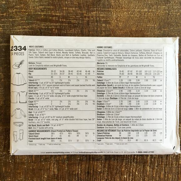 Simplicity Sewing Pattern 2334 Men’s Musketeer Tabard Shirt Cape XS S M UNCUT - Picture 2 of 2